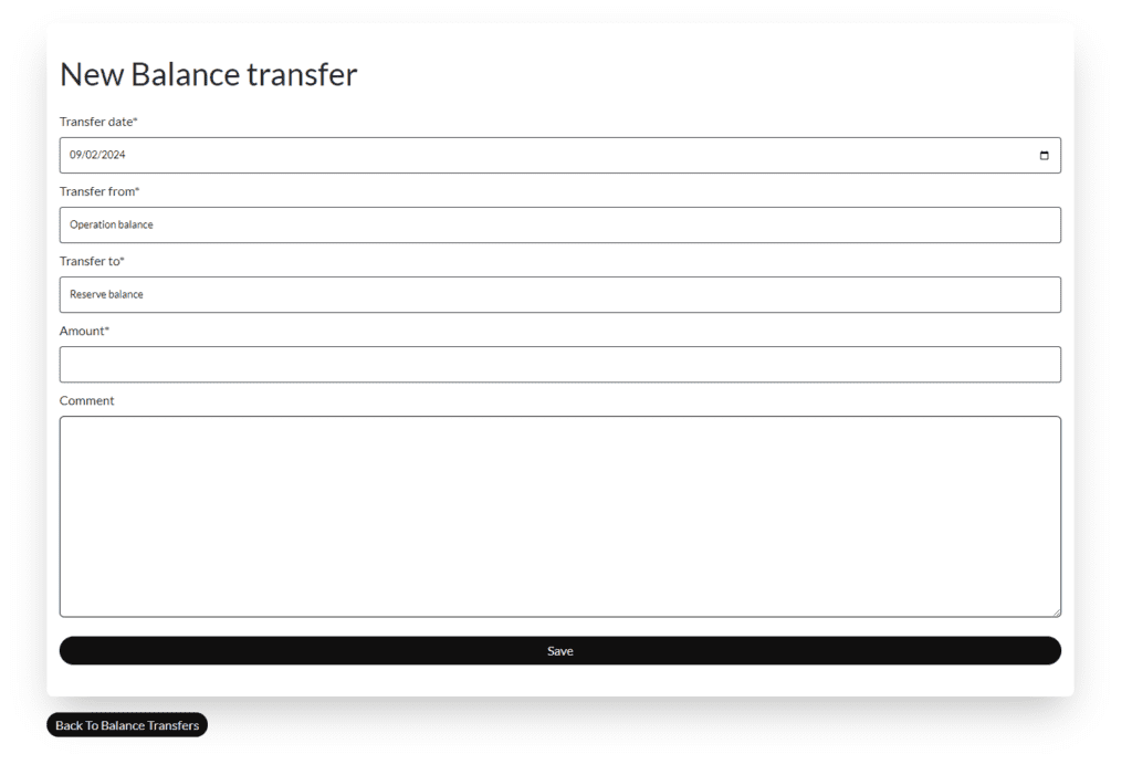 Balance transfer form in the app
